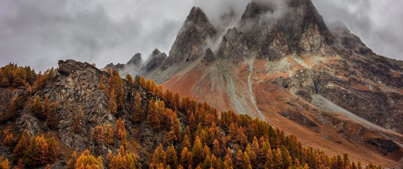 Mountains, Forest, Autumn, Foggy, Peak, Grisons, Switzerland, 5K