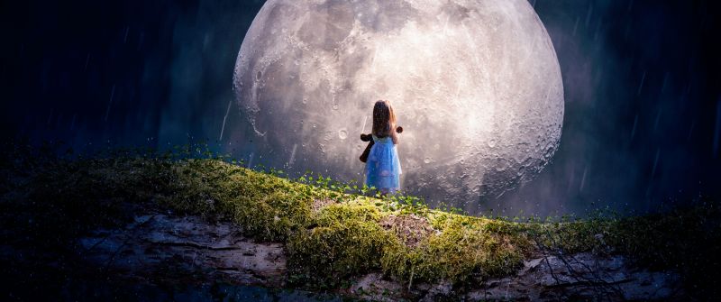 Moon, Cute Girl, Adorable, Surreal, Alone