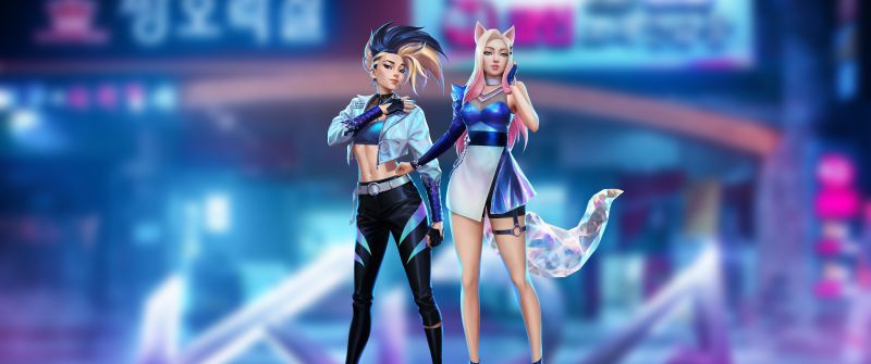 Ahri, KDA Akali, K-pop, Neon background, League of Legends, 5K, 8K