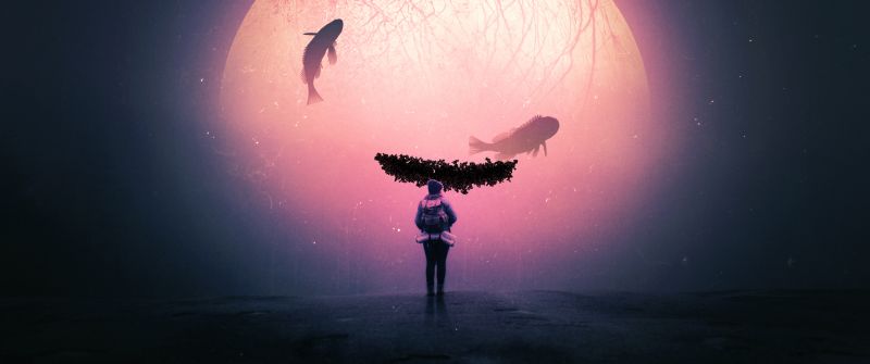 Explorer, Alone, Surreal, Dream, Fishes, Moon, Travel