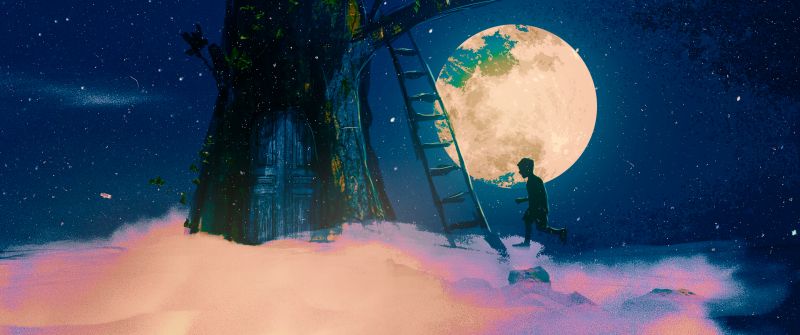 Tree house, Dream, Moon, Night, Surreal