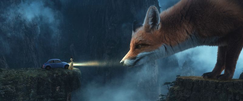 Fox, Dream, Surreal, Foggy, Mountains, Woman, Manipulation