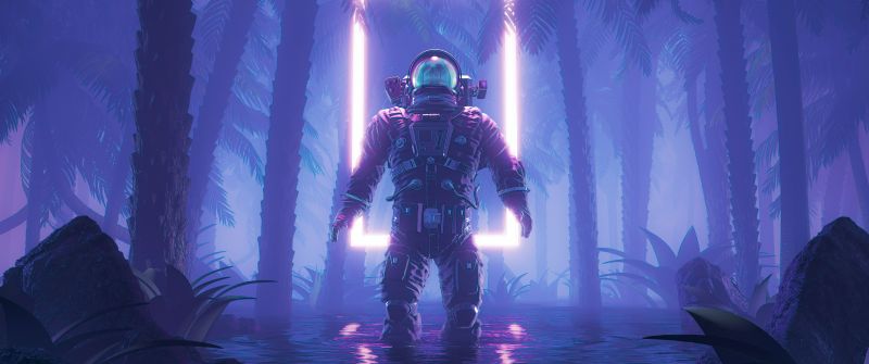 Cyberpunk, Astronaut, Neon background, Psychedelic, 5K, Forest, Blue background