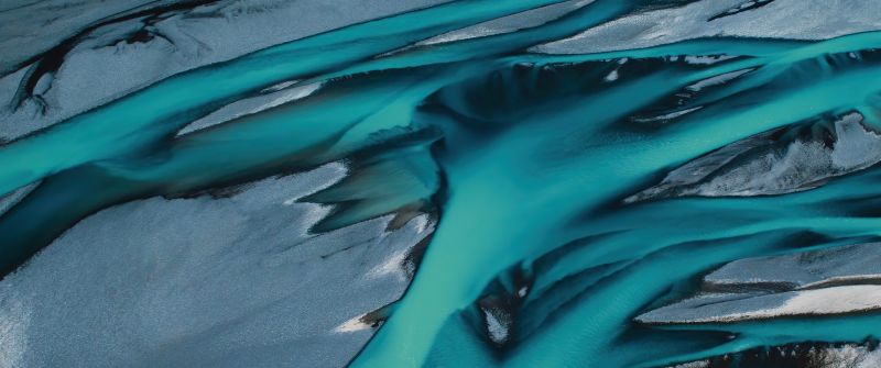 Braided river, Aerial view, Aoraki Mount Cook National Park, New Zealand, Turquoise background, River Stream, HONOR Magic Vs, Stock, Southern Alps