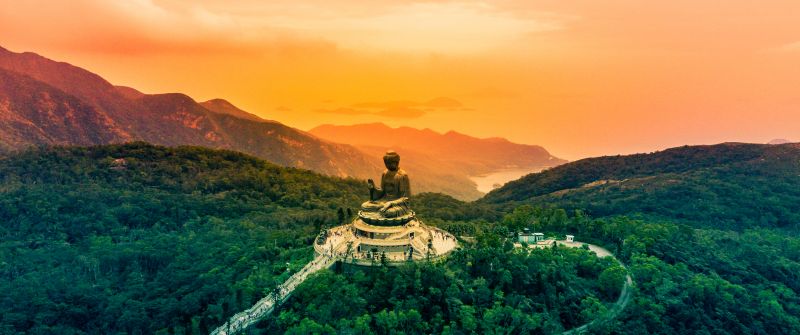 Tian Tan Buddha, Hong Kong, The Big Buddha, Aerial view, Giant Buddha, Ngong Ping, Lantau Island, Gautama Buddha