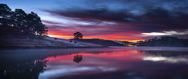 Sunset, Lake, Body of Water, Cloudy Sky, Dusk, Golden hour, 5K, 8K