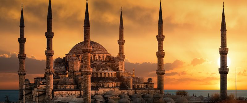 Blue Mosque, Sultan Ahmed Mosque, Istanbul, Turkey, Ancient architecture, 5K, 8K, Sunset, Islamic, Spiritual