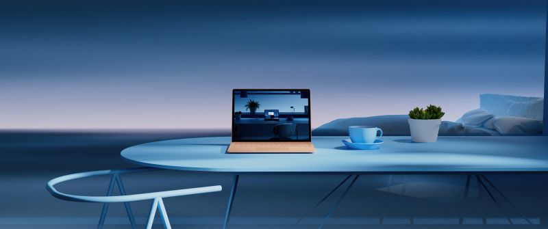 Laptop, Windows 11, Aesthetic interior, Blue aesthetic, Work from Home, Workspace