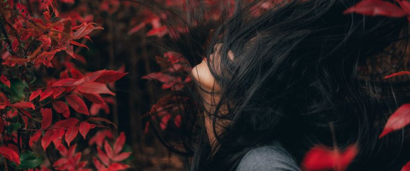 Asian Girl, Woman, Mood, Red leaves