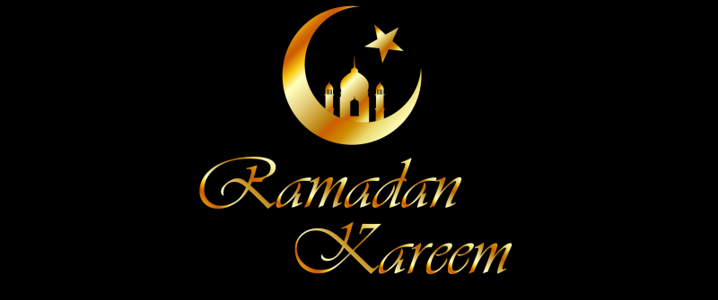 Ramadan Kareem, Black background, Golden text