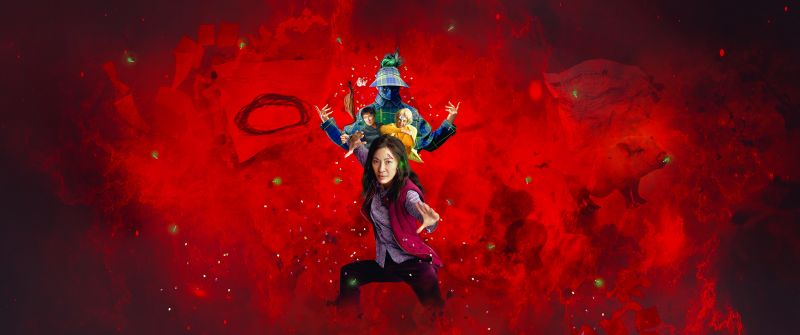 Everything Everywhere All at Once, 5K, Adventure movies, Red background, Michelle Yeoh as Evelyn Wang
