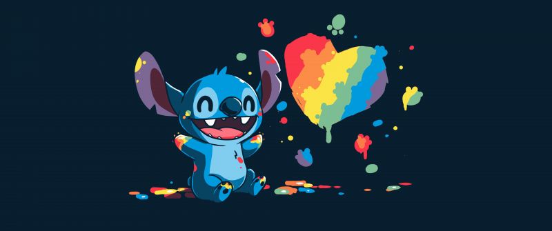 Stitch, Love heart, Illustration, Rainbow, Dark blue, Paint, 5K, 8K