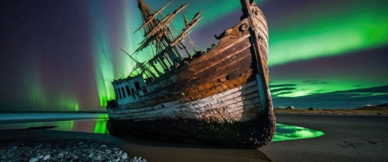 Abandoned, Ghost ship, Aurora, Shipwreck, Northern Lights, 5K, 8K