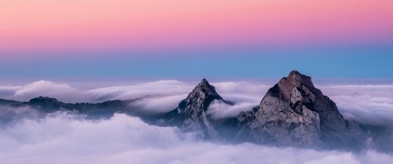 Mountain Peaks, Above clouds, Sunset, Dawn, 5K