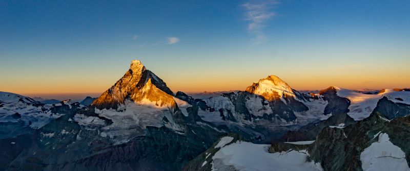 Matterhorn, Dent d'Hérens, Mountains, Sunrise, Morning, Snow covered, Mountain range, Switzerland, 5K
