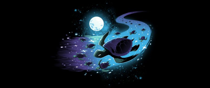 Turtle, Celestial, Full moon, Deep space, Surreal, 5K, 8K, Black background