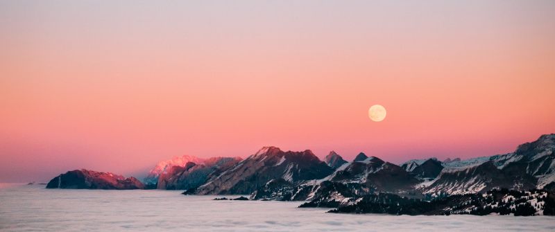 Fronalpstock mountains, Schweiz, Switzerland, Twilight, Moonrise, 5K