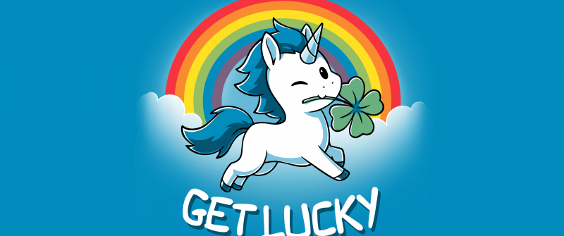 Get lucky, Unicorn, Rainbow, Blue background, 5K, 8K