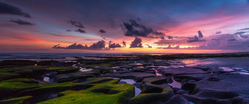 Rocky beach, Coastline, Sunset, Horizon, Dusk, Pukutatan, Indonesia, 5K