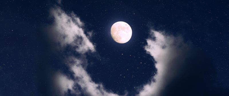 Full moon, Clouds, Night, Starry sky