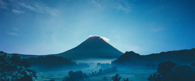 Mount Agung, Volcano, Rice fields, Bali, Indonesia, Crescent Moon, Starry sky, Night