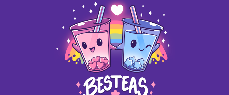 Kawaii bubble tea, Love hearts, Rainbow, Best friends, Cute cups, Purple background, Aesthetic, 8K, 5K