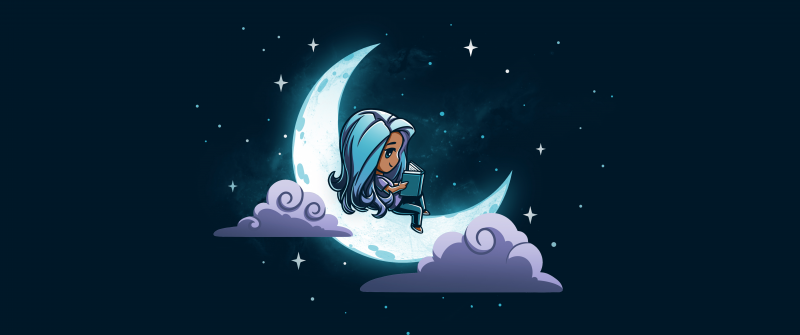 Dream, Cute Girl, Bedtime story, Crescent Moon, Dark blue, 5K, 8K, Night