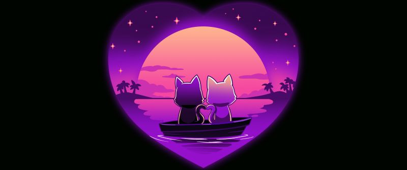 Romantic, Sunset, Love heart, Purple aesthetic, Black background, 5K, 8K, Couple