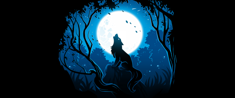 Howling wolf, Moon, Forest, Silhouette, Black background, 5K, 8K