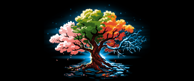 Tree, Seasons, Black background, 5K, 8K
