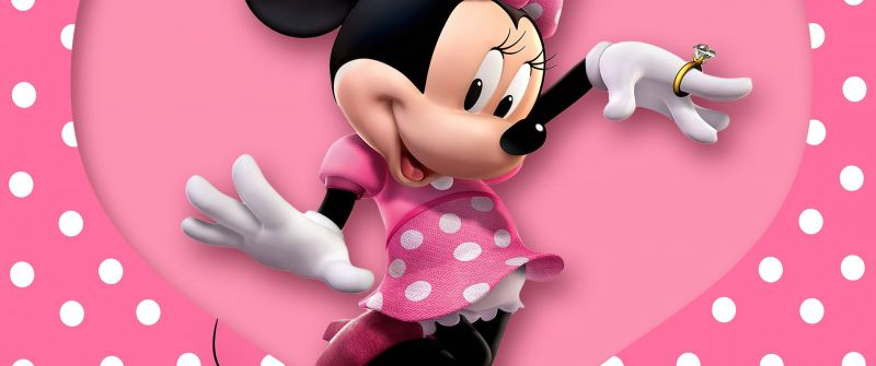 Minnie Mouse, Disney, Cartoon, Pink background, Polka dots, Pink Heart, Girly backgrounds