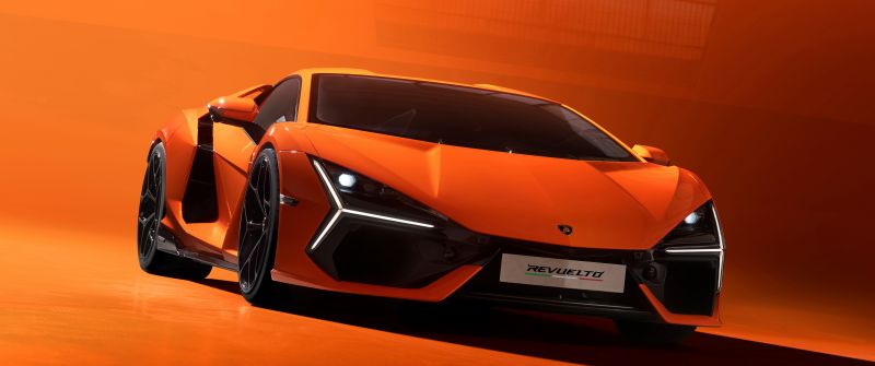 Lamborghini Revuelto, Hybrid sports car, Orange background, 5K, 8K, 2023