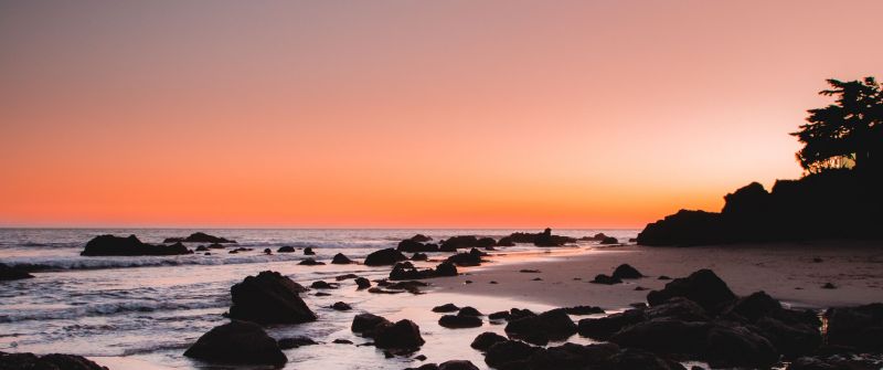 Rocky beach, Sunrise, Crescent Moon, Dawn