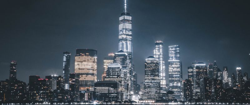Manhattan, One World Trade Center, Freedom Tower, New York City, Night, Cityscape, City lights, 5K