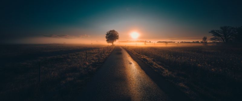 Sunrise, Sweden, Landscape, Road, Countryside, 5K