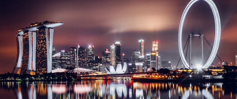 Marina Bay, Night City, Singapore, Skyline, Cityscape, City lights, Reflection, 5K