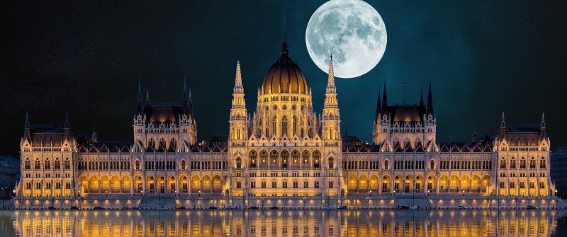 Hungarian Parliament Building, Budapest, Hungary, Landmark, Ancient architecture, 5K, 8K, Moon