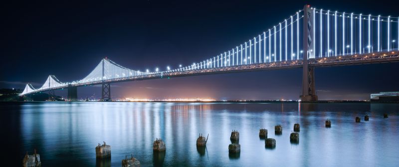 San Francisco-Oakland Bay Bridge, Night lights, Reflection, Modern, 5K, 8K