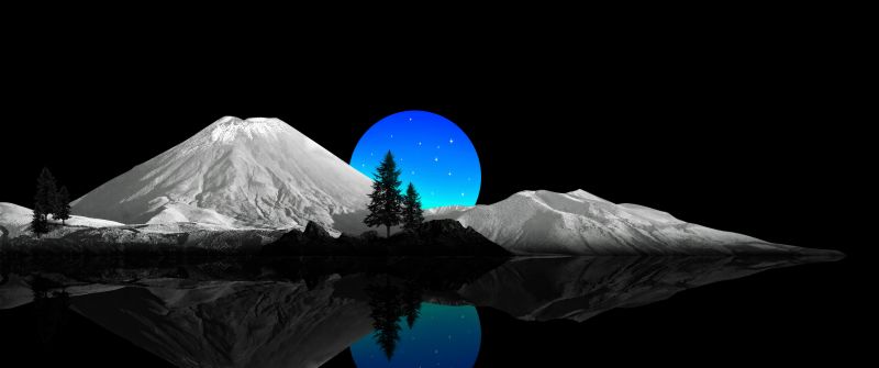 Scenic, Moon, Mountains, Scenery, Black, Blue moon, 5K, AMOLED