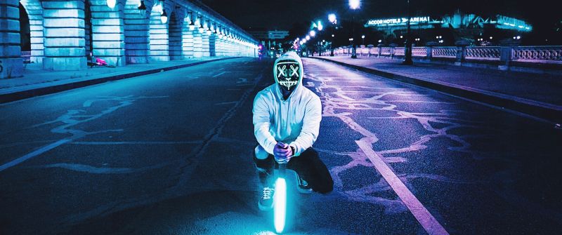 Neon, LED mask, Lightsaber, Road, Tarmac, City lights, Night, Man