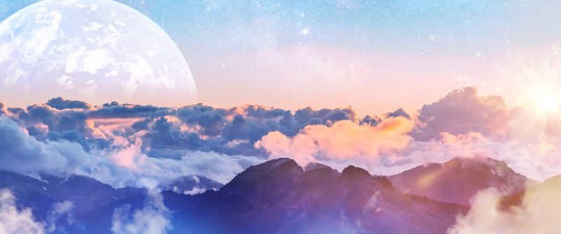 Above clouds, Moon, Planet, Mountains, Clouds, Sunny day