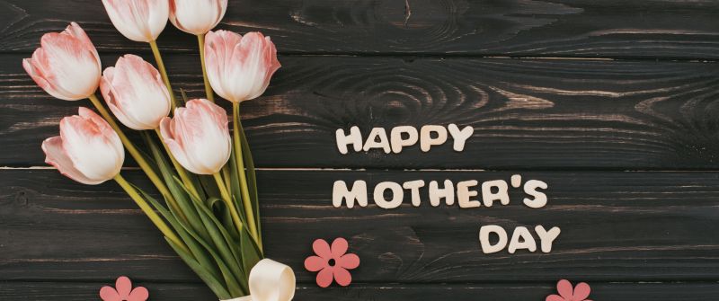 Happy Mother's Day, Wooden background, Tulips