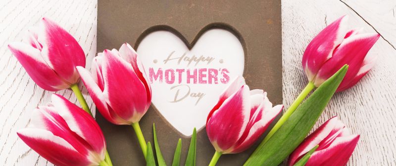 Happy Mother's Day, Tulips, Wooden background, Love heart, 5K