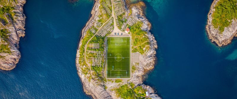 Henningsvaer Stadium, Soccer field, Norway, Aerial view