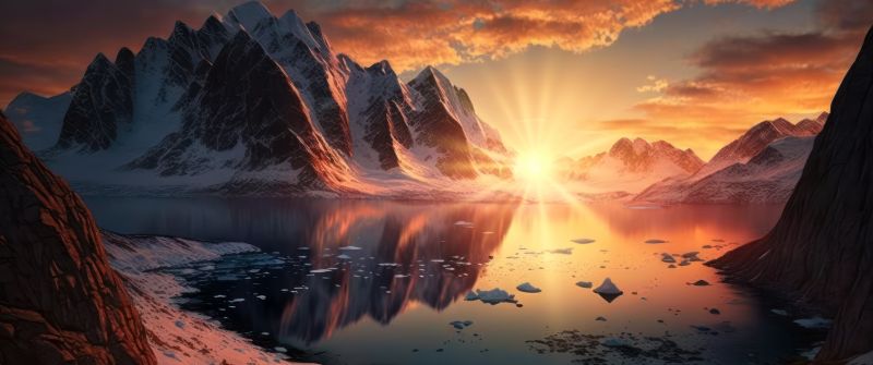 Sunset, Arctic, Mountains, Lake, AI art, Landscape, Reflection, Scenic, 5K, 8K