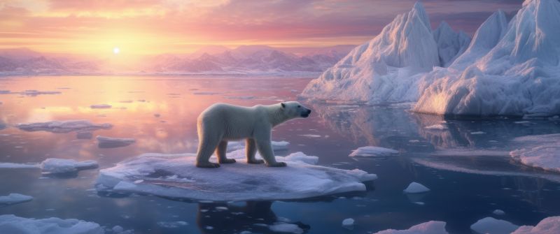 Sunrise, Polar bear, Ice bergs, Surreal, Aesthetic, 5K, 8K