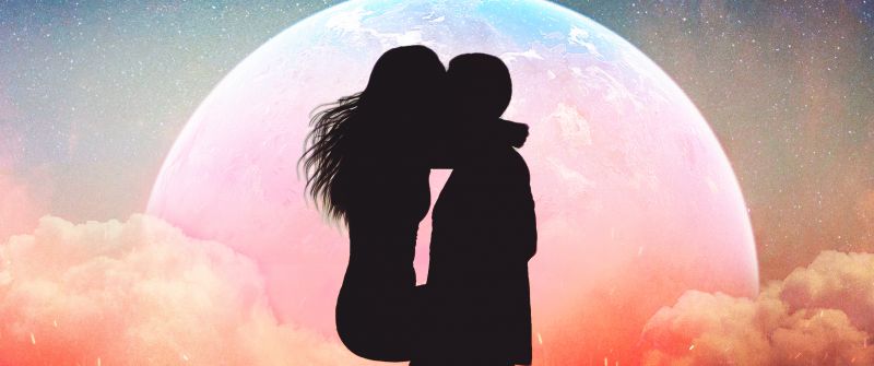 Romantic kiss, Silhouette, Moon, Lovers, Sunset, Couple