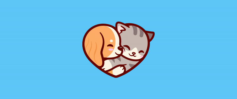 Puppy, Kitten, Love heart, Blue background, 5K, Simple