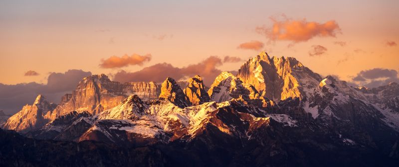 Dolomite mountains, Alps, Sunrise, Mountain range, 5K, Golden hour