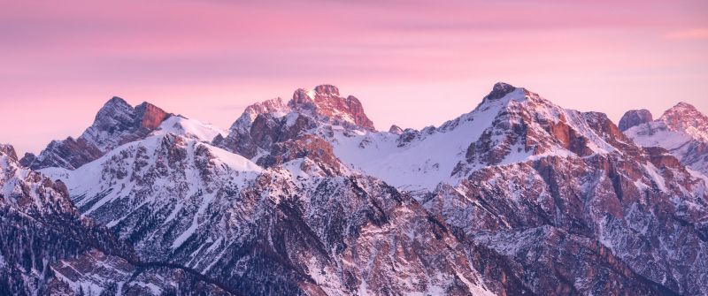 Dolomites, Kronplatz mountain, Italy, Pink sky, Sunrise, Dawn, 5K